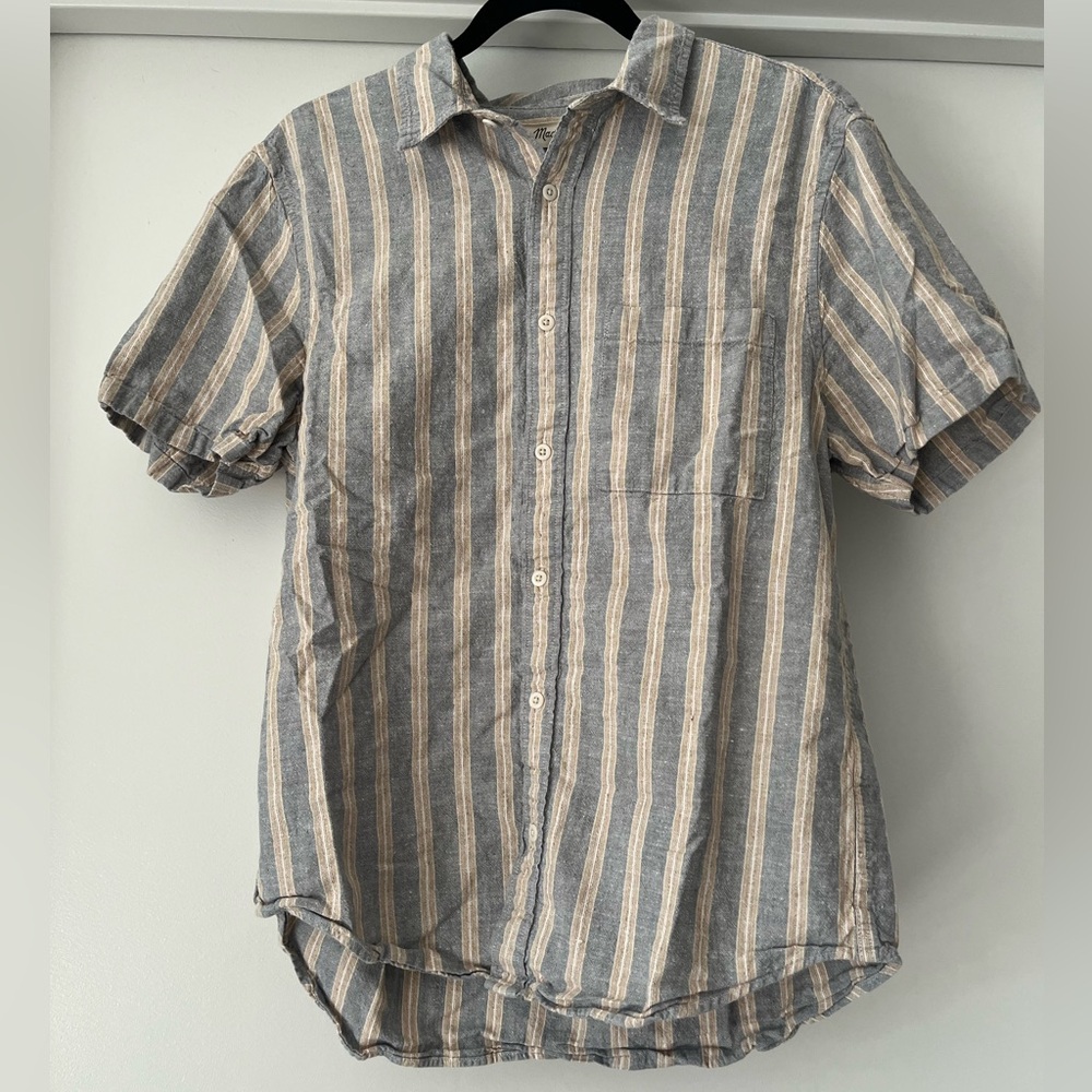 Madewell | Men’s Hemp-Cotton Perfect Fit Short-Sleeve | Blue/Tan Striped | M